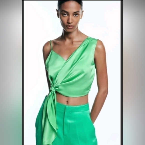 Zara Tops - ZARA Green Satin Asymmetrical